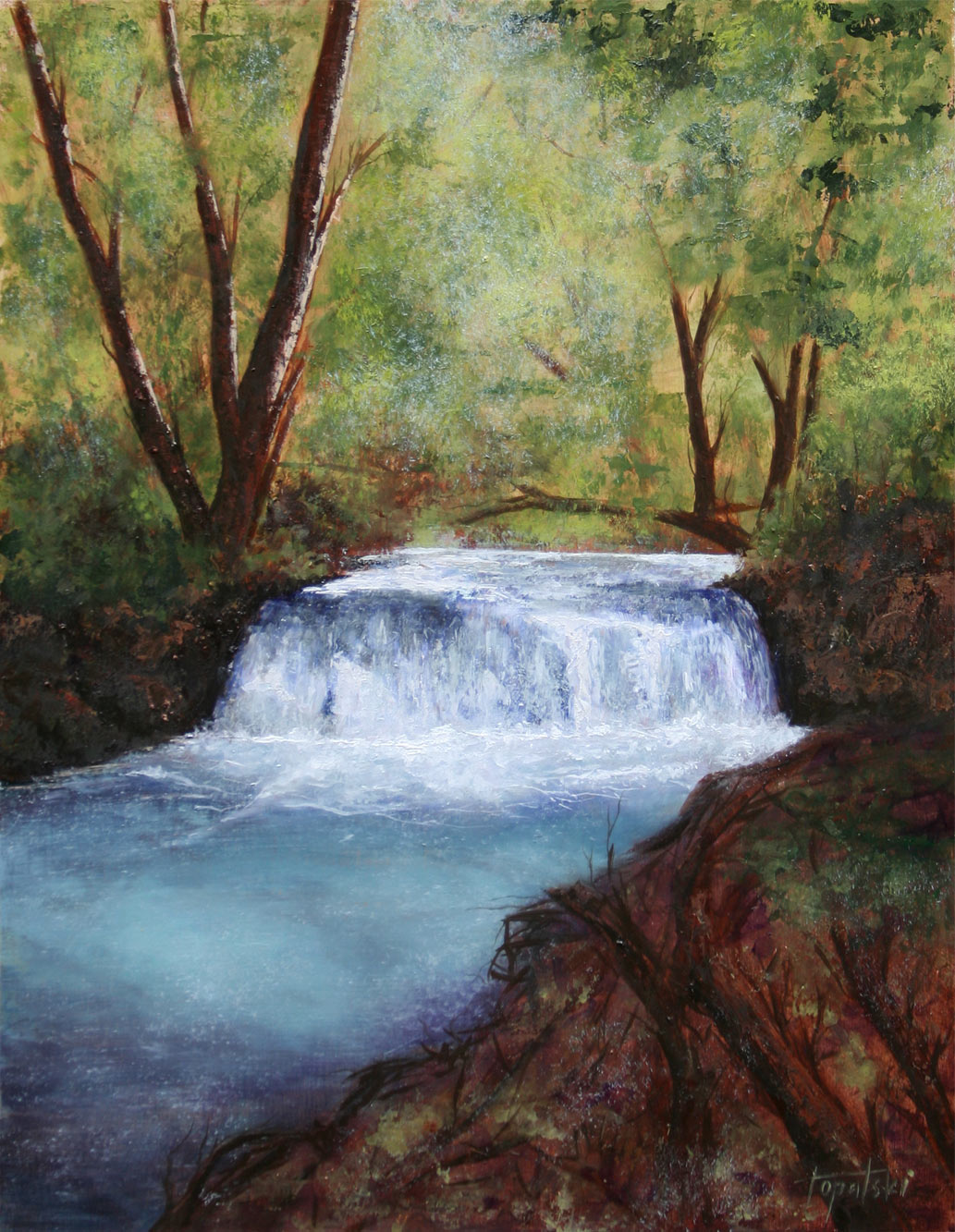Forest Waterfall Oil Painting 12x12
