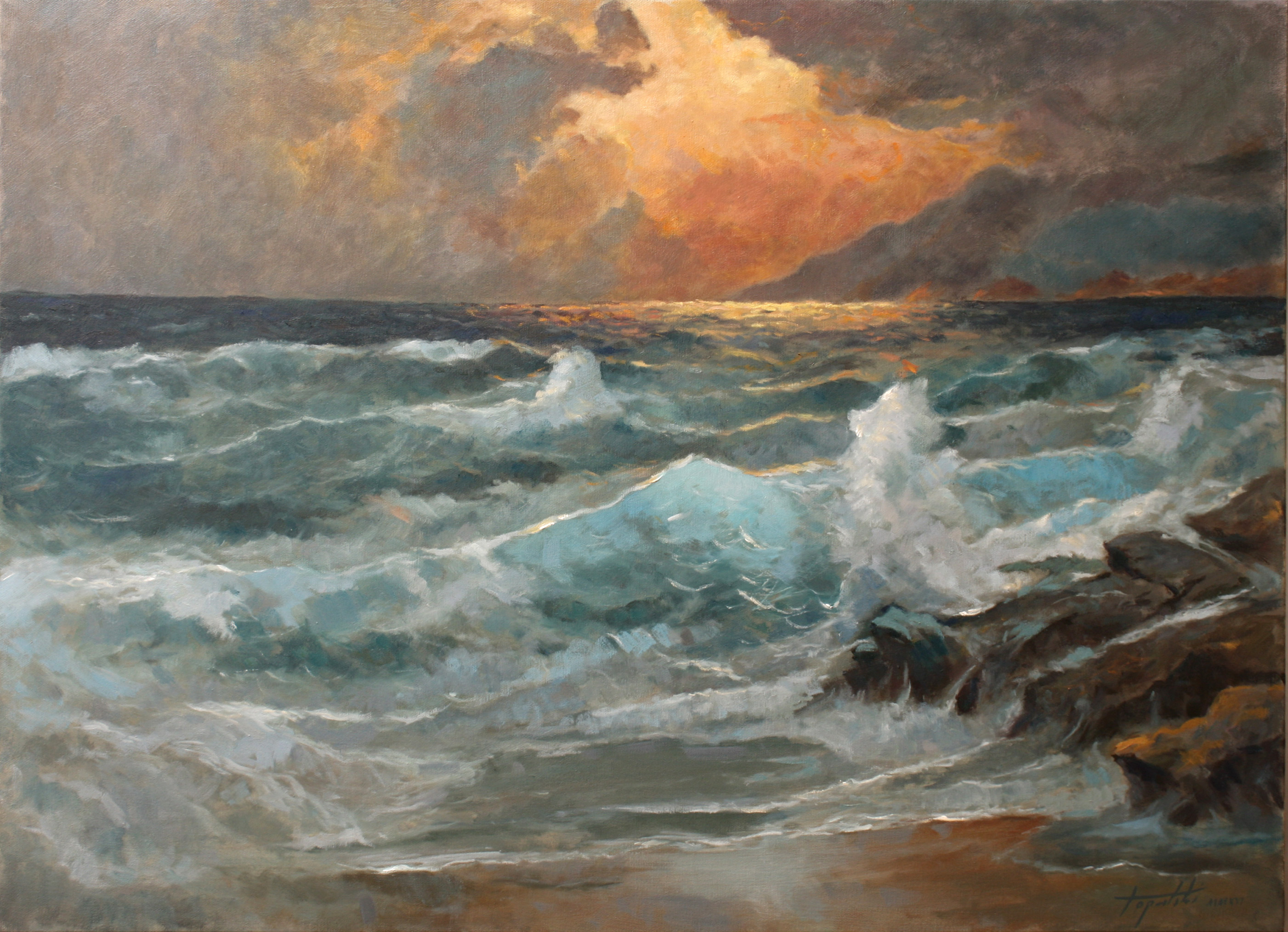 Fine Art Eventide Sea And Waves Original Oil Painting On Canvas By Artist Darko Topalski1 